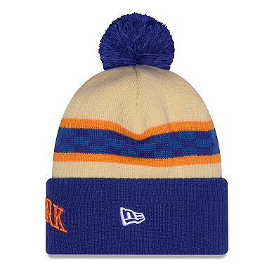 Men's New Era Cream/Blue New York Knicks 2025/26 City Edition Cuffed Knit Hat with Pom