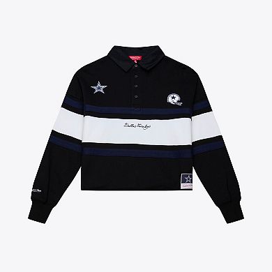 Women's Mitchell & Ness Black Dallas Cowboys Cropped Long Sleeve Rugby Polo