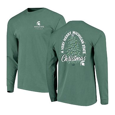 Men's Green Michigan State Spartans Comfort Colors Merry Christmas Tree Long Sleeve T-Shirt