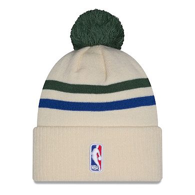 Men's New Era Tan/Hunter Green Milwaukee Bucks 2025/26 City Edition Cuffed Knit Hat with Pom