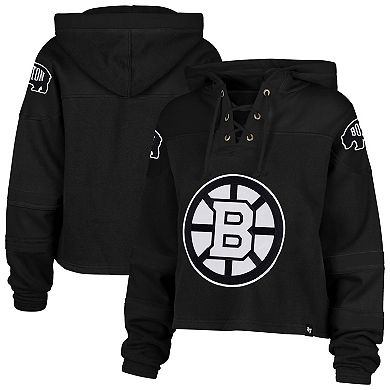 Women's '47 Black Boston Bruins Cropped Lacer Hoodie
