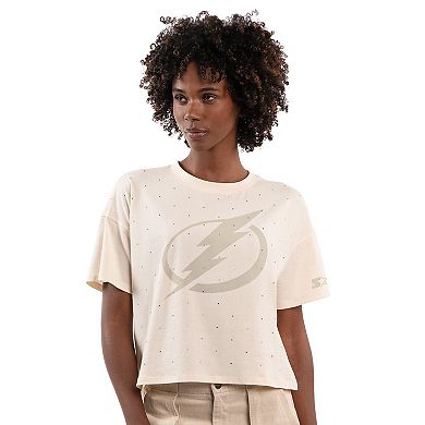Women's Starter Cream Tampa Bay Lightning Rhinestone Sprinkle Boxy Cropped T-Shirt