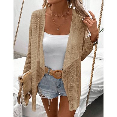 Women's Lightweight Crochet Cardigan Sweater Rib Knit Open Front Long Sleeves Coats