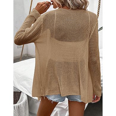 Women's Lightweight Crochet Cardigan Sweater Rib Knit Open Front Long Sleeves Coats