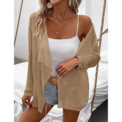 Women's Lightweight Crochet Cardigan Sweater Rib Knit Open Front Long Sleeves Coats