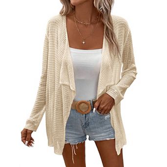 Women's Lightweight Crochet Cardigan Sweater Rib Knit Open Front Long Sleeves Coats