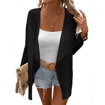 Women's Lightweight Crochet Cardigan Sweater Rib Knit Open Front Long Sleeves Coats