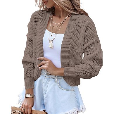 Women's Cropped Knit Cardigan Long Sleeve Open Front Casual Drop Shoulder Shrug