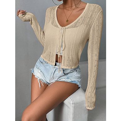 Women's Tie Front Cardigan Handmade Lightweight Sweater with Cute Small Flowers Pattern