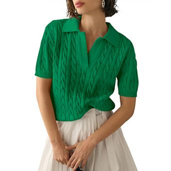 Womens Short Sleeve Sweaters Cable Knitted V Neck Pullover Sweaters Lightweight Shirt Tops