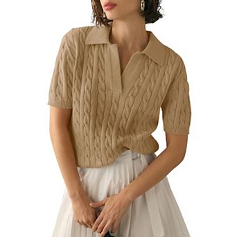 Womens Short Sleeve Sweaters Cable Knitted V Neck Pullover Sweaters Lightweight Shirt Tops