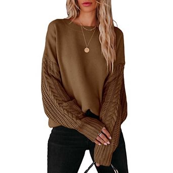 Women's Cable Knit Sweater Fall Long Sleeve Crewneck Solid Color Chunky Oversized Casual Pullover