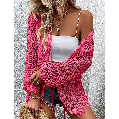 Women's Tie Front Hollow Out Cardigan Lightweight Long Sleeve Sweater Thin Crochet Cover Up