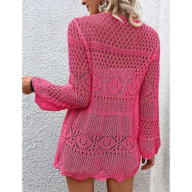 Women's Tie Front Hollow Out Cardigan Lightweight Long Sleeve Sweater Thin Crochet Cover Up