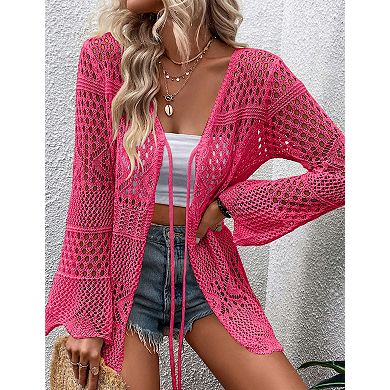 Women's Tie Front Hollow Out Cardigan Lightweight Long Sleeve Sweater Thin Crochet Cover Up