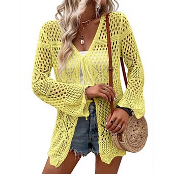Women's Tie Front Hollow Out Cardigan Lightweight Long Sleeve Sweater Thin Crochet Cover Up