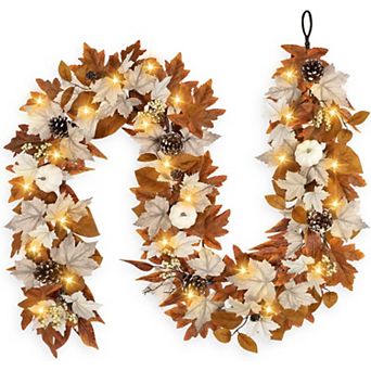 6 FT Fall Garland Lights Automatic ON/Off Fall Leaves Mantle Garland Pumpkins Berries Pinecones