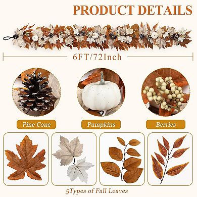 6 FT Fall Garland Lights Automatic ON/Off Fall Leaves Mantle Garland Pumpkins Berries Pinecones