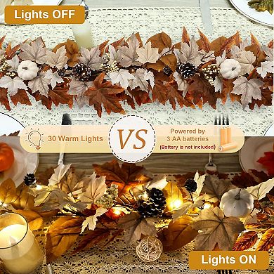 6 FT Fall Garland Lights Automatic ON/Off Fall Leaves Mantle Garland Pumpkins Berries Pinecones