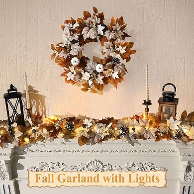 6 FT Fall Garland Lights Automatic ON/Off Fall Leaves Mantle Garland Pumpkins Berries Pinecones