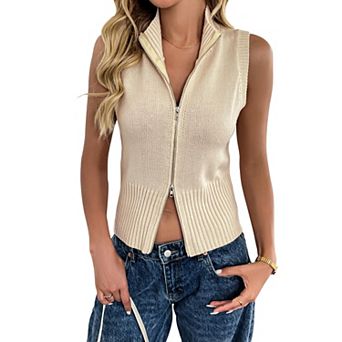 Women's Fashion Zip-Front Vest, Knit Cardigan Sweater with Notched Collar