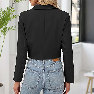 Women's Cropped Lapel Blazer - Single Button Long Sleeve Black Open Front Jacket