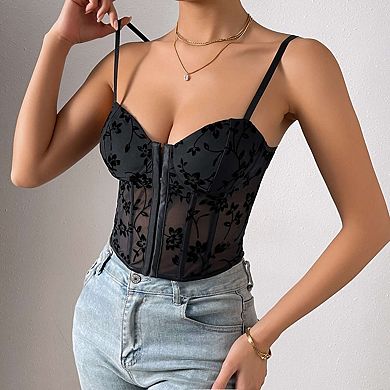 Women's Low-Cut Corset Top Strappy Bustier with Mesh Panels & Boning Cropped Bralette