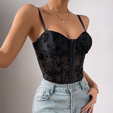 Women's Low-Cut Corset Top Strappy Bustier with Mesh Panels & Boning Cropped Bralette
