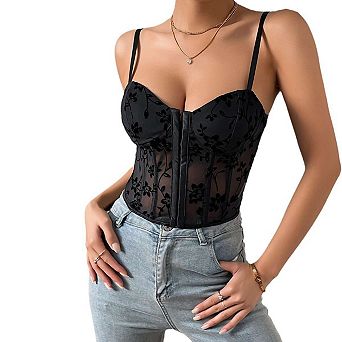 Women's Low-Cut Corset Top Strappy Bustier with Mesh Panels & Boning Cropped Bralette