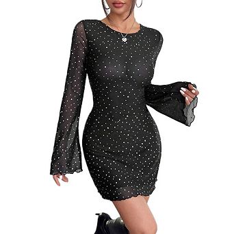 Women's Round Neck Mesh Sequin Backless Bodycon Mini Dress Bell Sleeve Party Club Dress