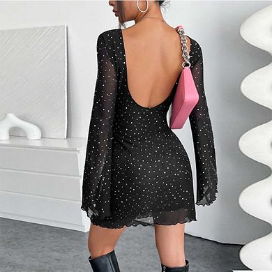 Women's Round Neck Mesh Sequin Backless Bodycon Mini Dress Bell Sleeve Party Club Dress
