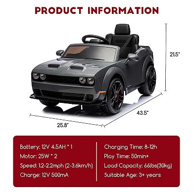 Licensed Dodge Challenger 12V Kids Ride-On Car, Electric Vehicle with Remote Control, LED Headlights