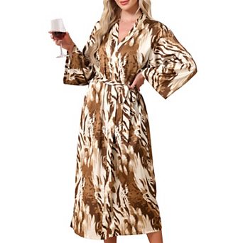Women's Satin Leopard Long Robe Silky Long Sleeves Cover Up Loose Bridal Party Bathrobes with Belt