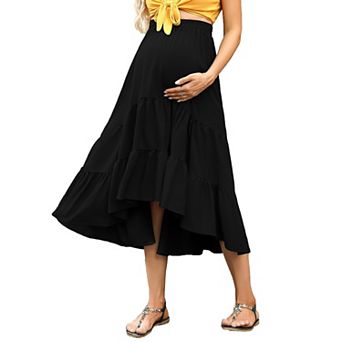 Women's Maternity Maxi Skirt Dress High Waist Floral Print Pleated A-Line Flowy Swing Long