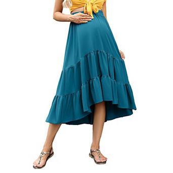 Women's Maternity Maxi Skirt Dress High Waist Floral Print Pleated A-Line Flowy Swing Long