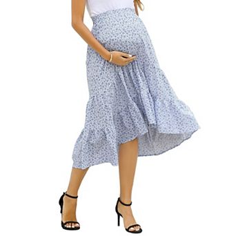 Women's Maternity Maxi Skirt Dress High Waist Floral Print Pleated A-Line Flowy Swing Long