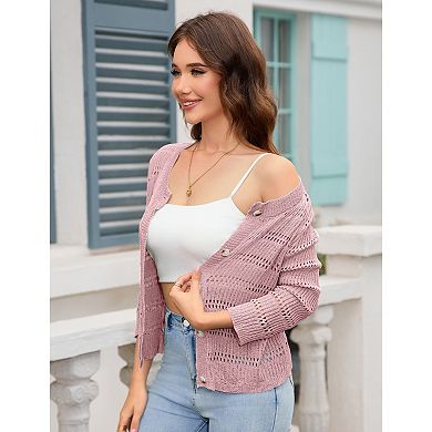 Womens Cardigan Crochet 3/4 Sleeve Shrug, Crewneck Button-Down Soft Knit Hollow Out Casual Top