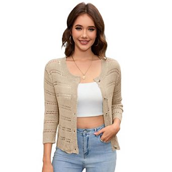 Womens Cardigan Crochet 3/4 Sleeve Shrug, Crewneck Button-Down Soft Knit Hollow Out Casual Top