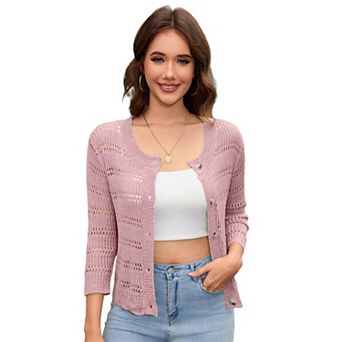 Womens Cardigan Crochet 3/4 Sleeve Shrug, Crewneck Button-Down Soft Knit Hollow Out Casual Top