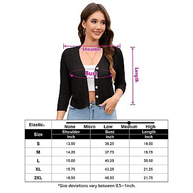 Womens Cardigan Lightweight Knit Sweater Crochet 3/4 Sleeve Cropped V Neck Button Shrug Tops