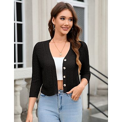 Womens Cardigan Lightweight Knit Sweater Crochet 3/4 Sleeve Cropped V Neck Button Shrug Tops