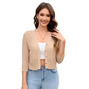 Womens Cardigan Lightweight Knit Sweater Crochet 3/4 Sleeve Cropped V Neck Button Shrug Tops