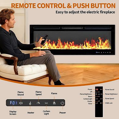 60 Inch Electric Fireplace Heater Recessed and Wall Mounted with Multicolor Flame