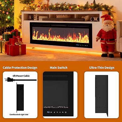 60 Inch Electric Fireplace Heater Recessed and Wall Mounted with Multicolor Flame