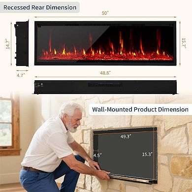 Wall Mounted 50" Electric Fireplace Heater with Remote Control, 750W/1500W with Timer