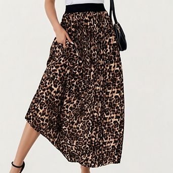 Women’s Leopard Print Midi Skirt with Soft Flowing Pleated Texture and Comfortable Stretch Waistband