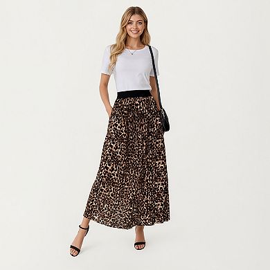 Women’s Leopard Print Midi Skirt with Soft Flowing Pleated Texture and Comfortable Stretch Waistband