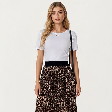 Women’s Leopard Print Midi Skirt with Soft Flowing Pleated Texture and Comfortable Stretch Waistband
