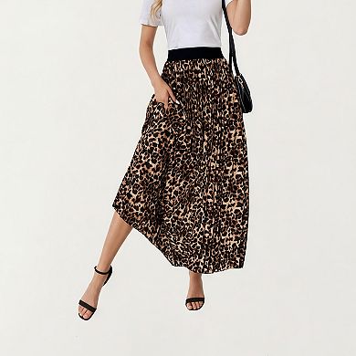 Women’s Leopard Print Midi Skirt with Soft Flowing Pleated Texture and Comfortable Stretch Waistband