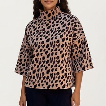 Women’s Leopard Print Knit Top with High Mock Neck, Wide Long Sleeves and Soft Textured Finish